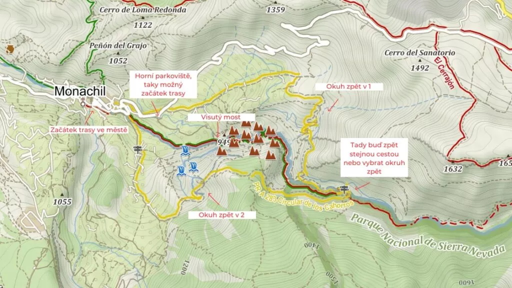 mapa s popisky a variantami cesty Los Cahorros, výletu poblíž Granady
