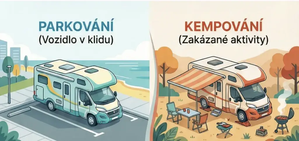 infografika ukazující rozdíl mezi parkováním a kempováním při spaní na divoko ve španělsku