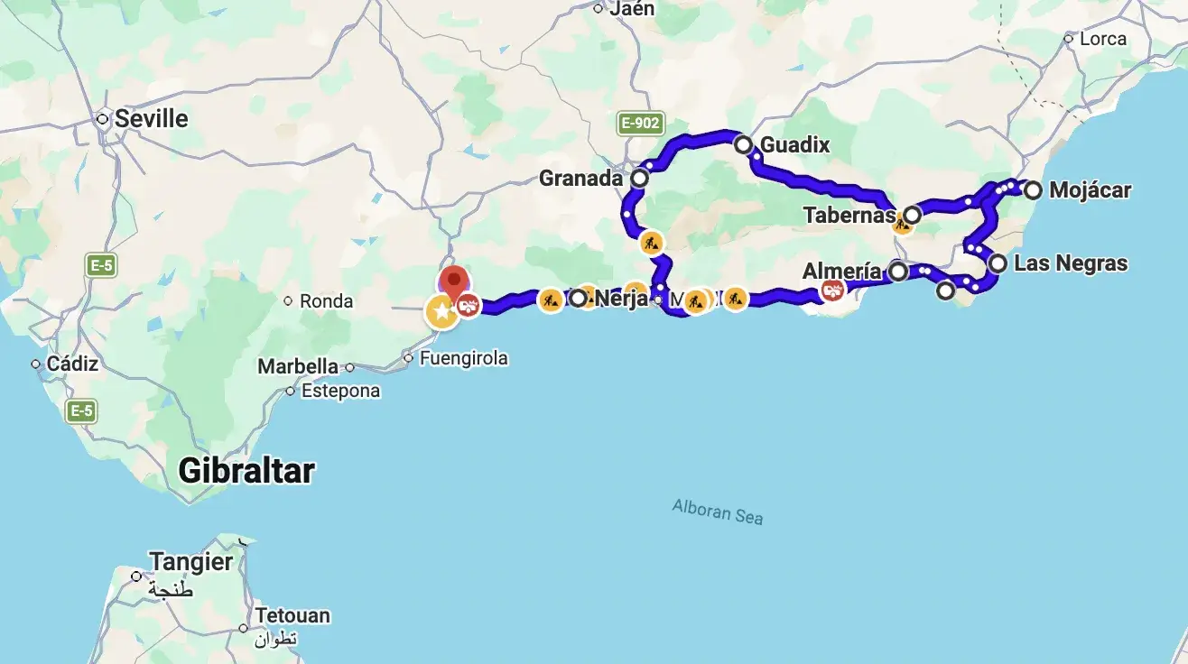 mapa roadtripu tajemná andalusie španělsko